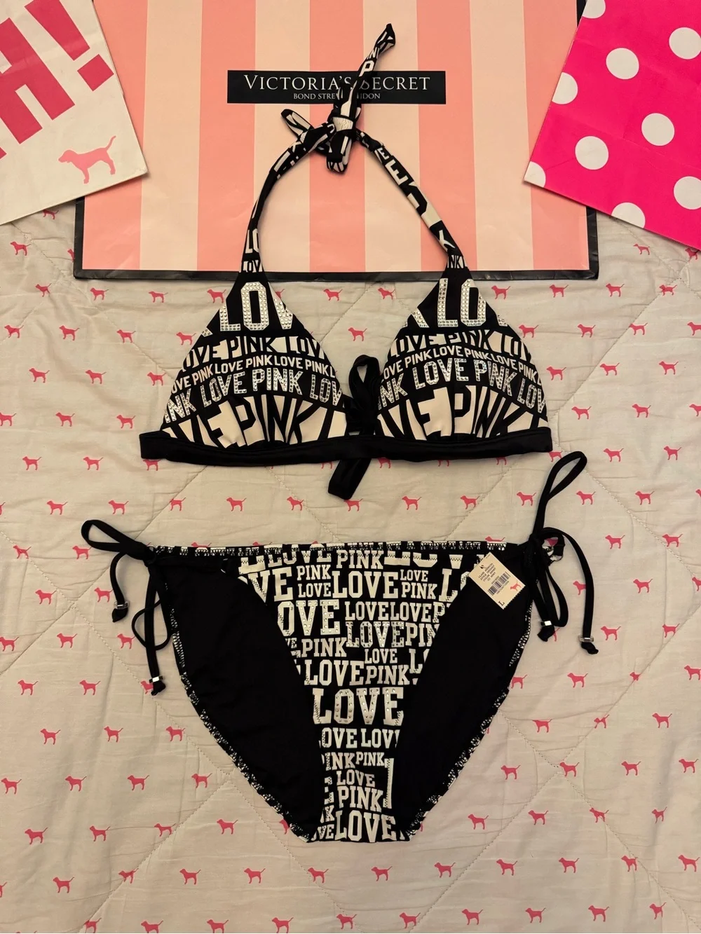 VS PINK VINTAGE Y2K BIKINI SET SWIMSUIT BLACK & WHITE ALL OVER LOVE LOGO BLING L